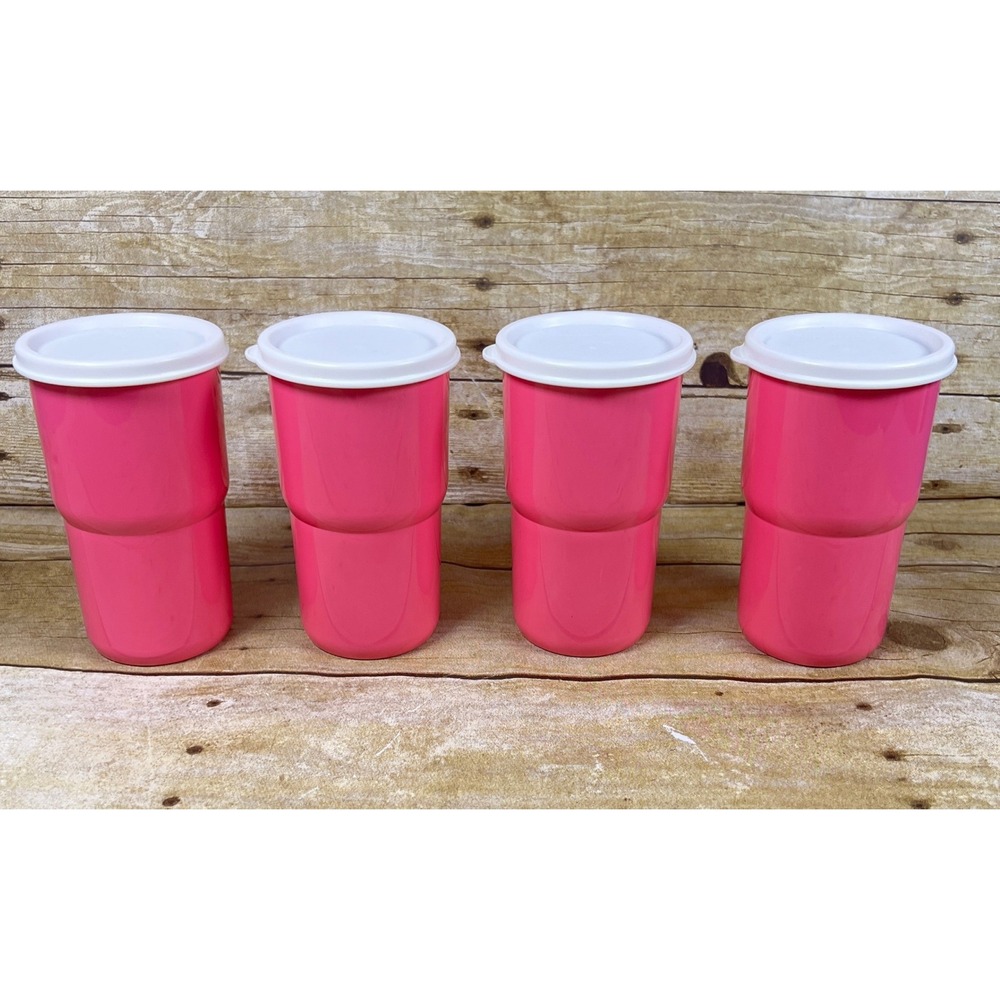 Tupperware Pink 12 oz Tabletop Tumblers Set w/ White Seals ~ Stackable New